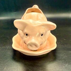 VINTAGE PINK PIG HOG SOW FLOWER PLANTER  w’ ATTACHED PLATE 7 X 4.25, Signed